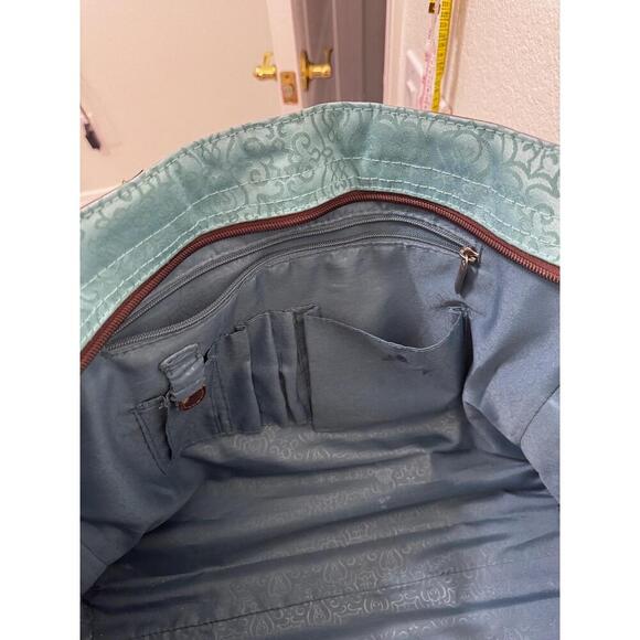 Reba Teal & Dark Brown Trim Patterned Zip Tote/Carry All Timeless Elegance - Picture 5 of 15